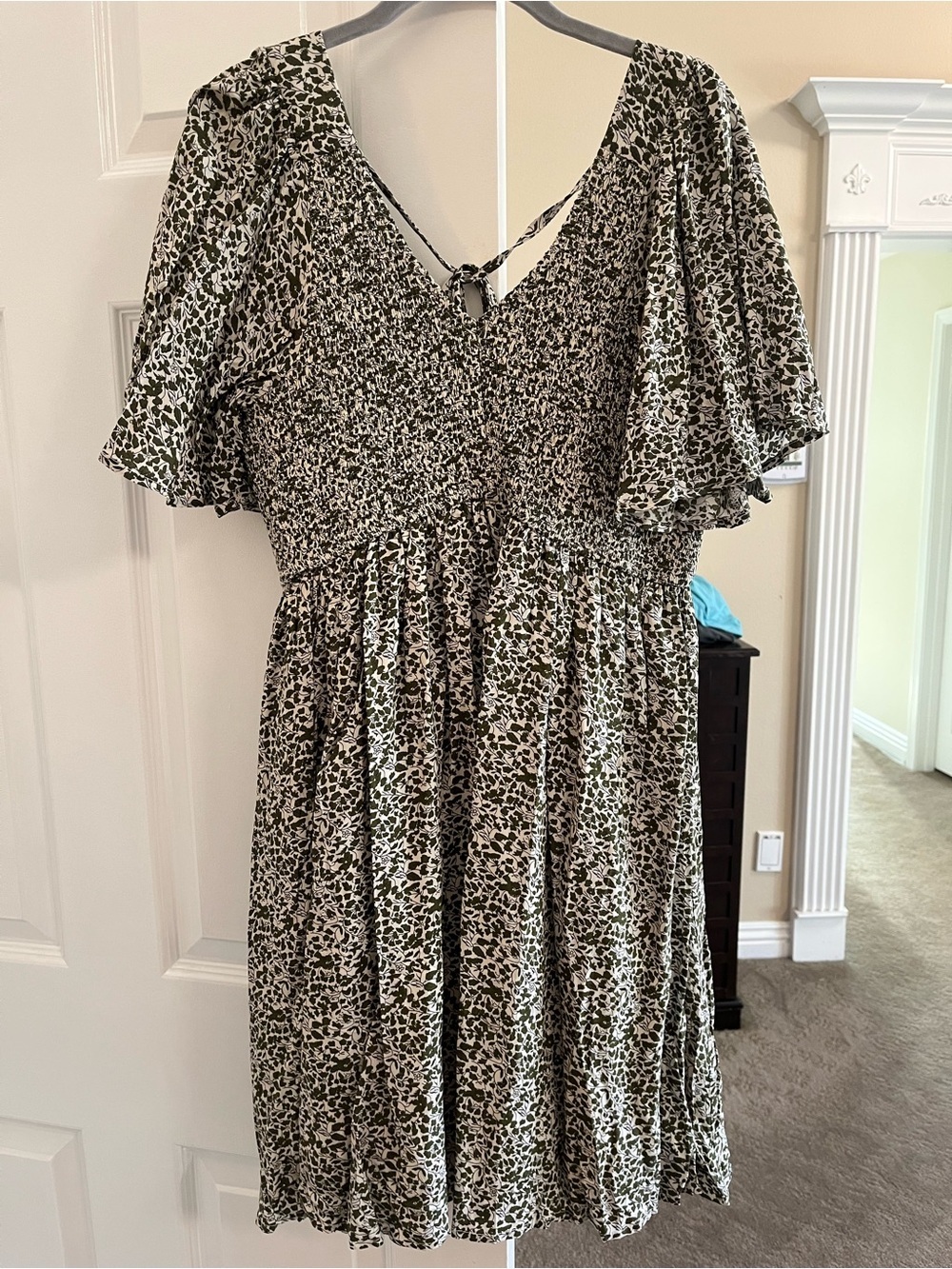 white birch Olive and Cream Floral Smocked Dress with Pockets